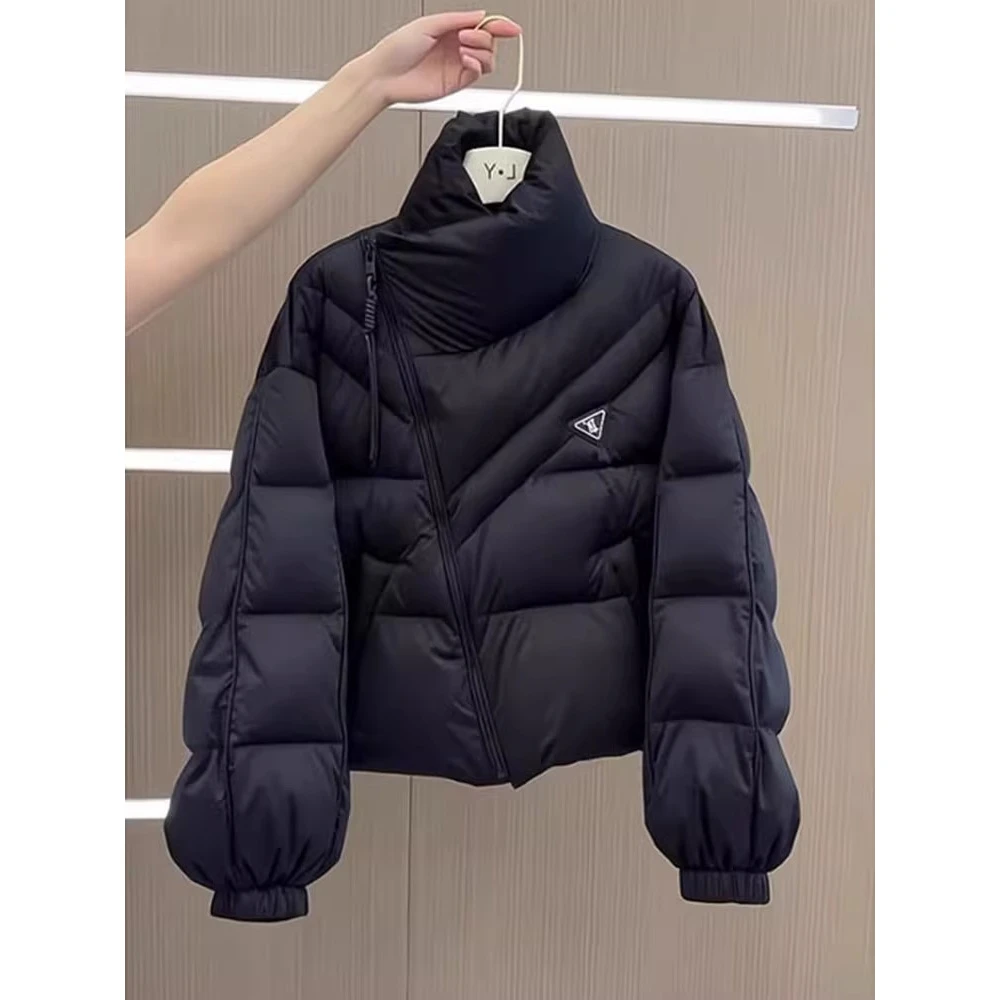 黑色立领不规则保暖棉服外套女2025冬季新款加厚设计感面包服棉衣