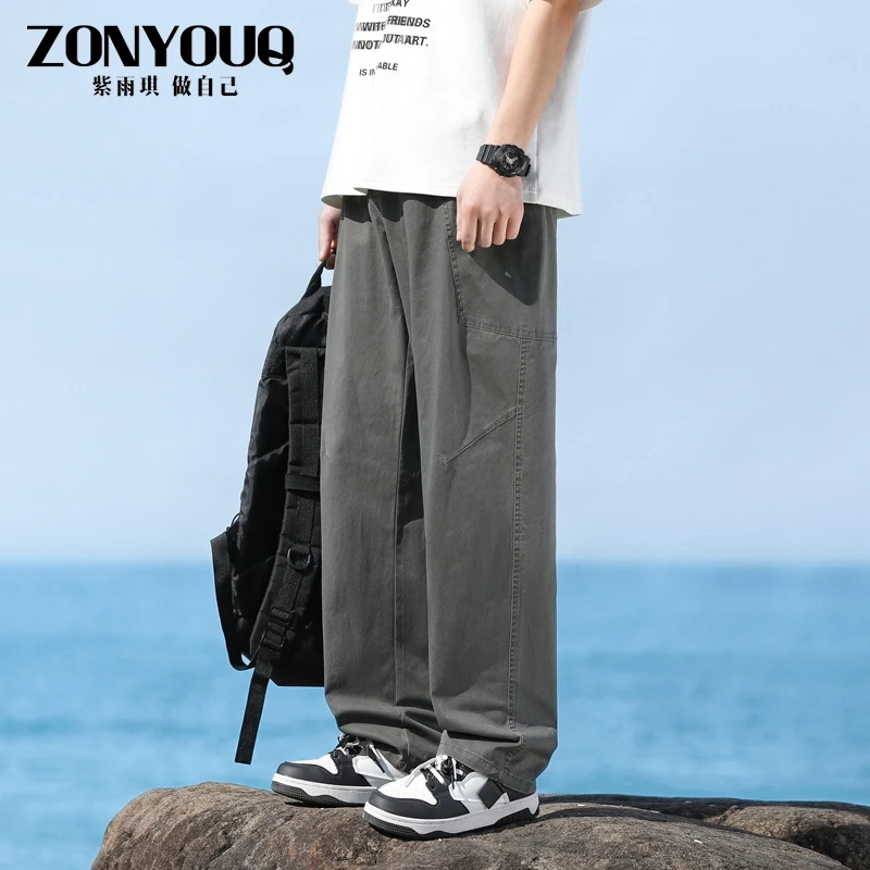 ZONYOUQ冰丝垂感直筒裤男士黑色阔腿宽松运动休闲长裤子坠感