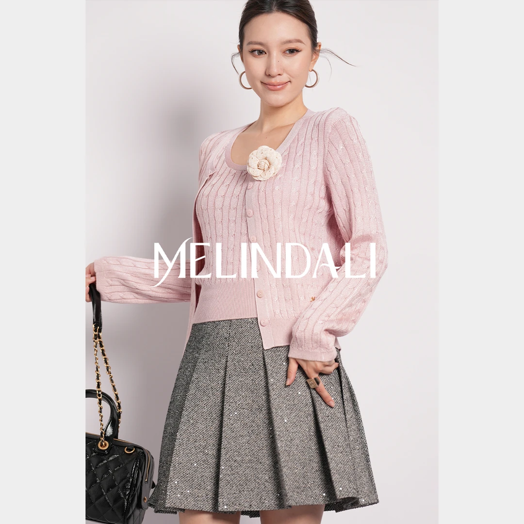 Melinda Li【东海岸】梦颖私服复古木玫瑰粉绞花针织开衫背心套装