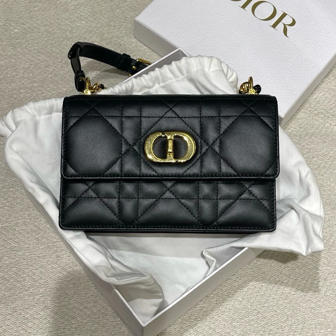 99新 DIOR/迪奥 misscaro系列珐琅扣链条包黑色金扣小号经典轻奢