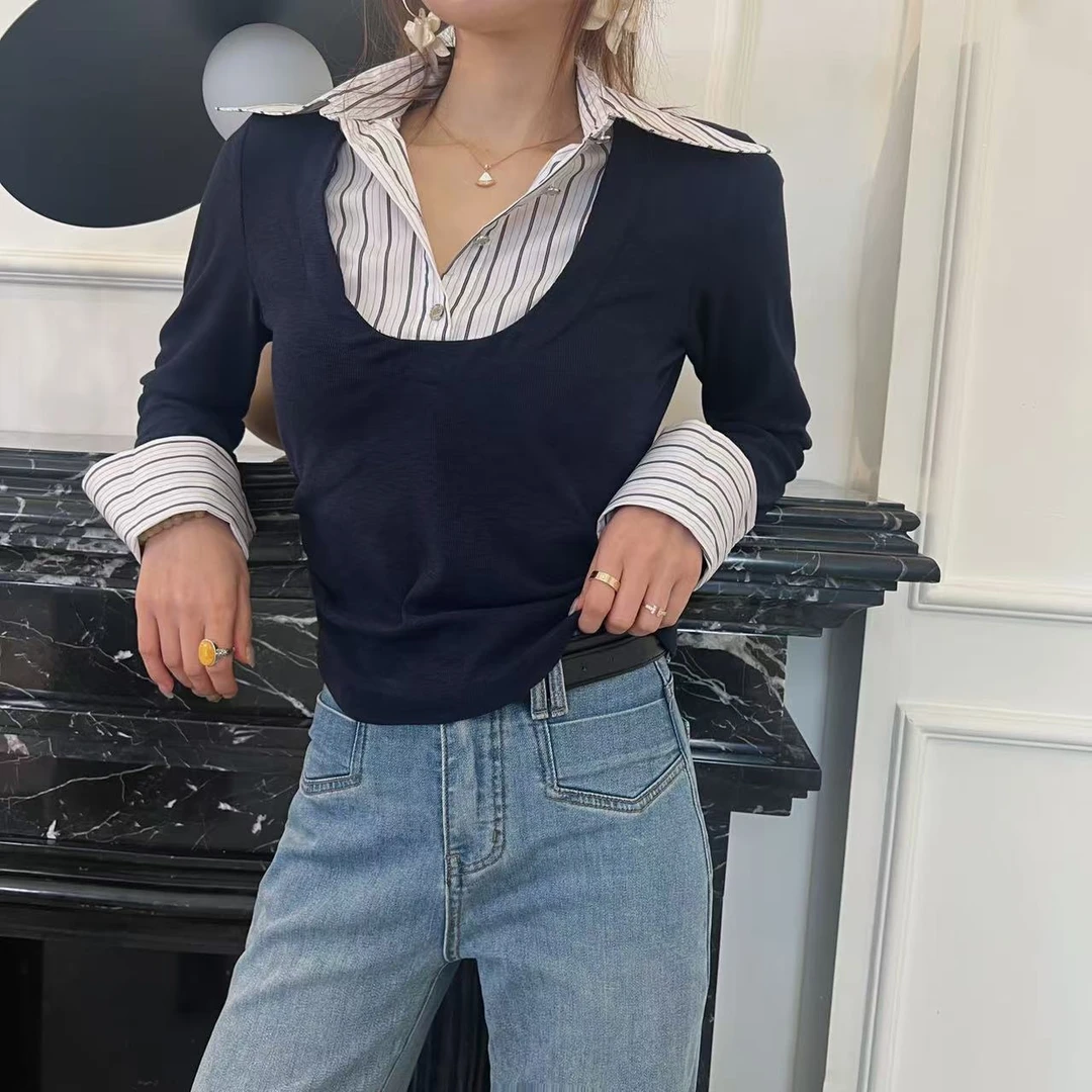 HNIH石艺2025春季新款立领条纹时尚修身百搭假两件HS801长袖T恤