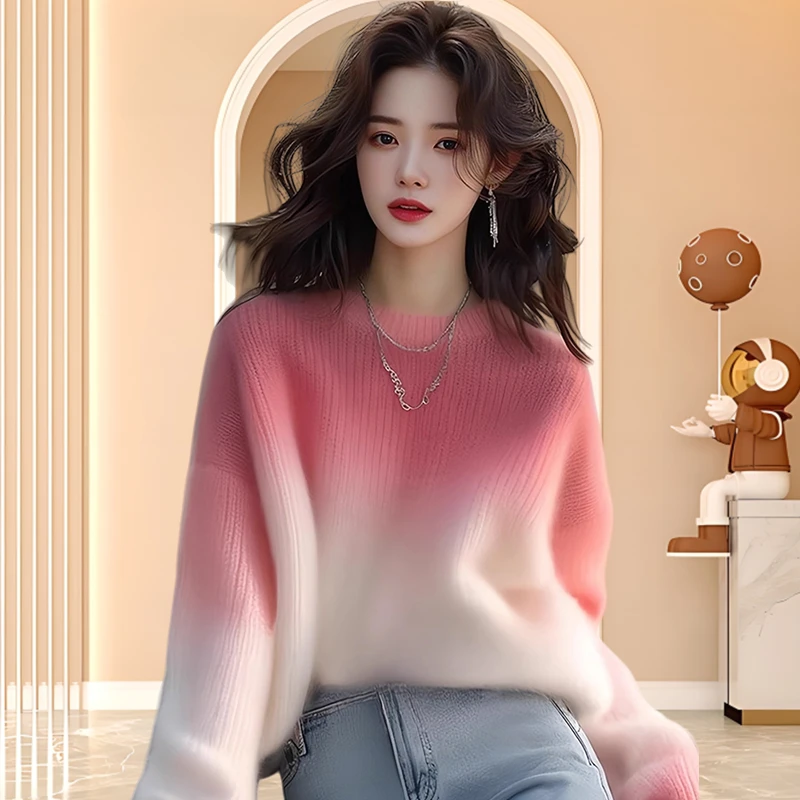 粉白色渐变晕染圆领毛衣2025早秋冬气质穿搭显白针织衫松弛感上衣