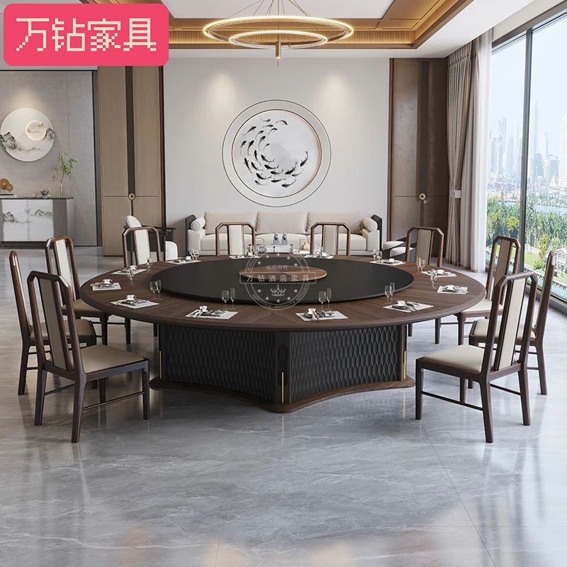 新中式酒店电动大圆桌带岩板转盘可定制饭店家用手动电动火锅桌