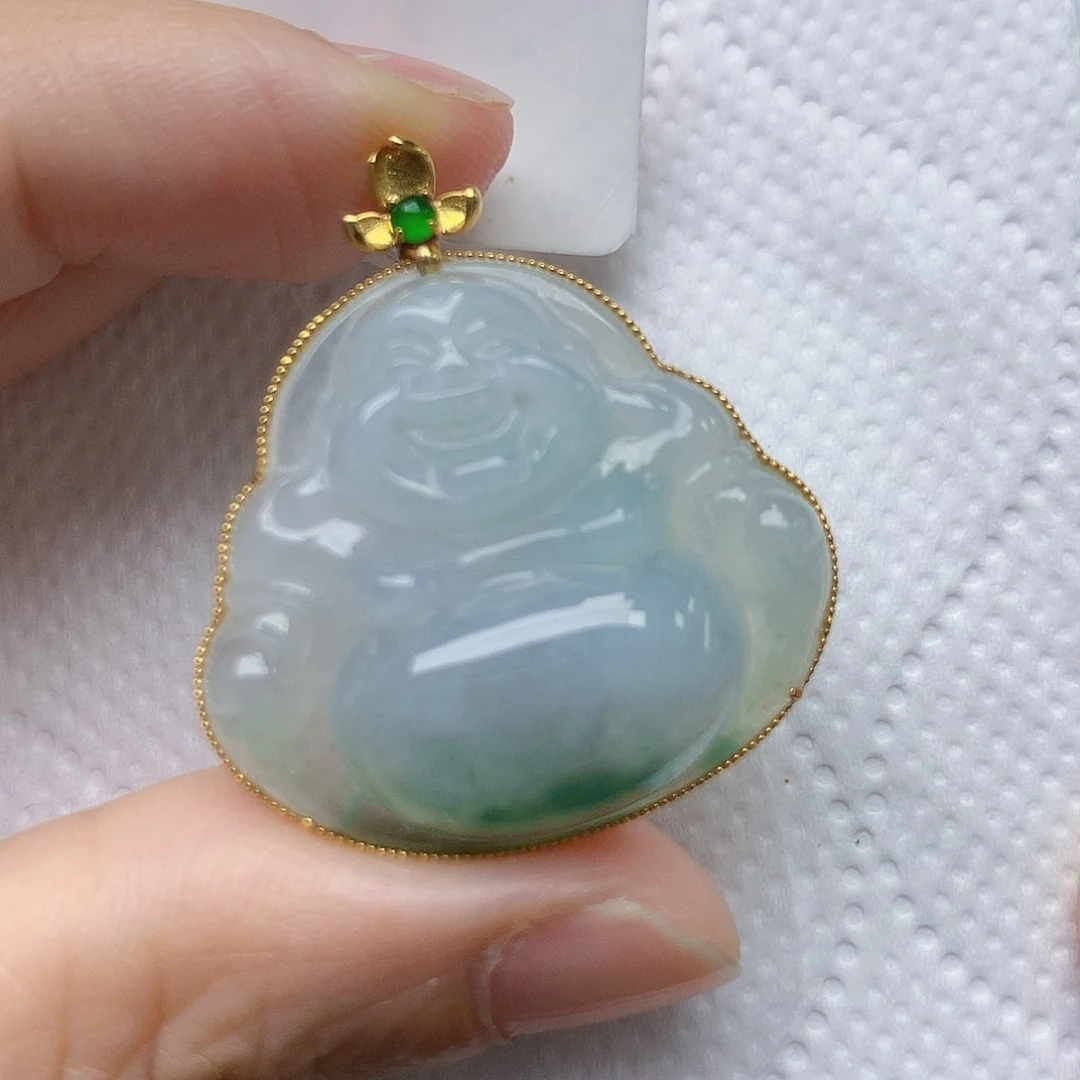 翡翠18K金镶嵌颈饰天然缅甸A货翡翠