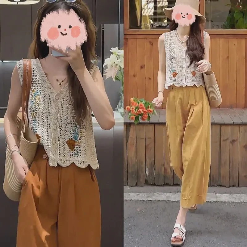 套装上衣洋气时尚夏季复古针织衫女装显瘦气质休闲阔腿背心