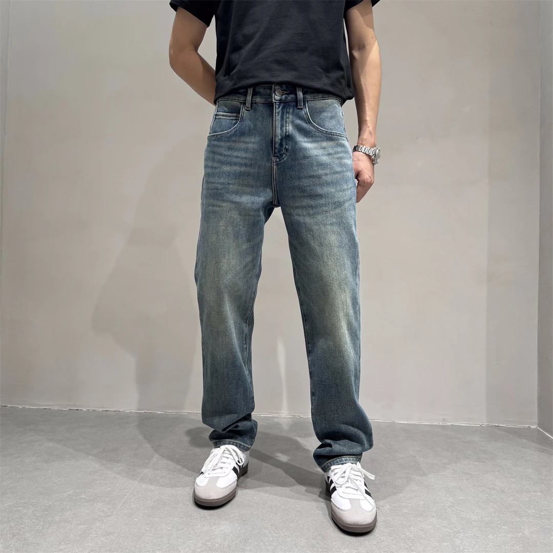 韩系流行四面弹力复古水洗小直筒牛仔裤男士秋冬加绒加厚百搭长裤