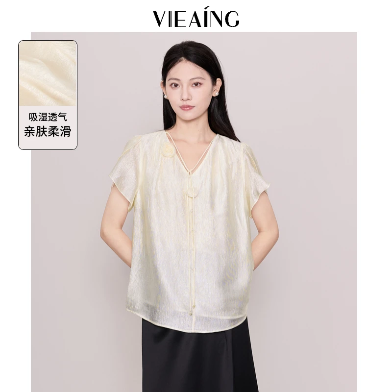 VIEA.ING薇迎醋酸衬衫女2025夏季新款衬衣短袖小个子V领杏色上衣