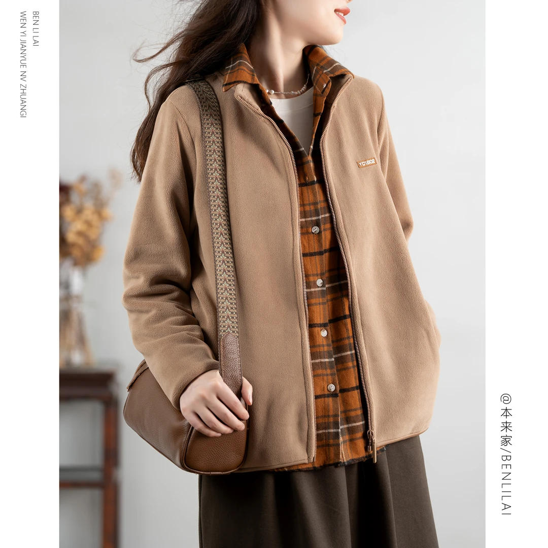 文艺简约纯色泰迪绒小外套女秋冬新款保暖百搭上衣3804