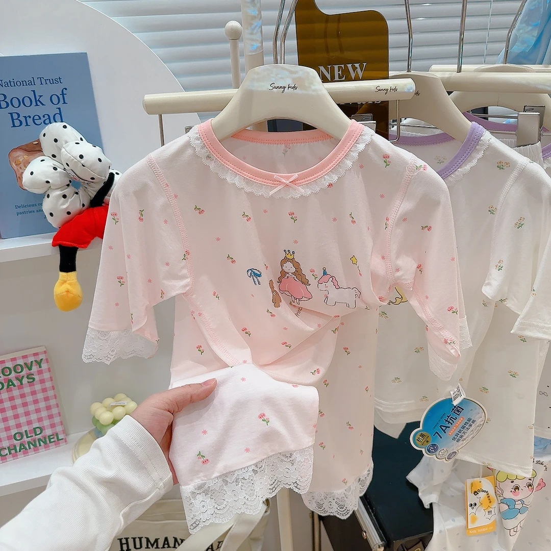 儿童莱赛尔睡衣夏季薄款七分袖套装中大童家居服男女童空调服睡衣