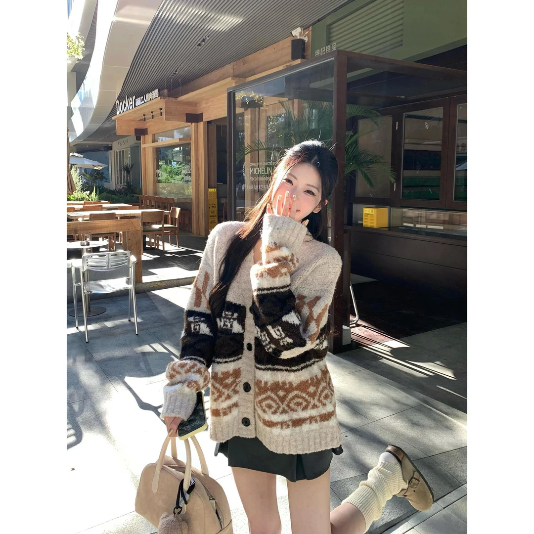 法芬图费尔岛提花毛衣开衫女秋冬季加厚宽松V领针织外套软糯上衣