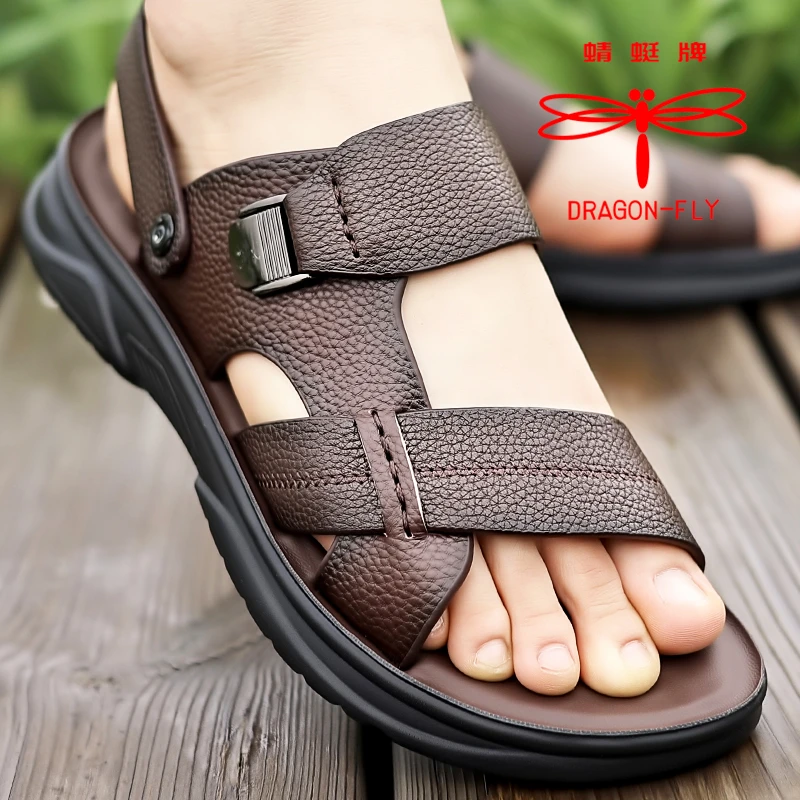 蜻蜓牌真皮牛皮沙滩鞋男凉拖两用软底防滑中老年爸爸鞋凉鞋夏季