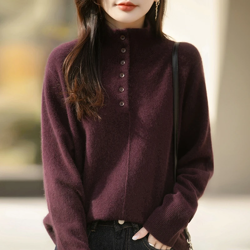 品牌秋冬半开胸半高领气质长袖百搭纯色宽松时尚套头针织衫