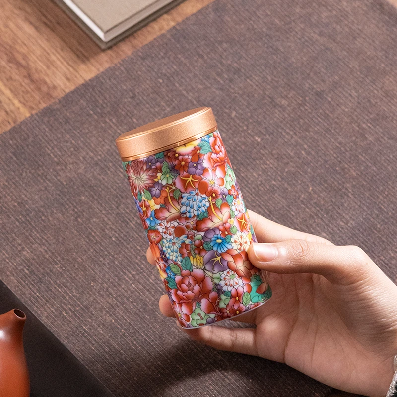 珐琅彩茶叶罐陶瓷密封小号迷你中式便携随身储物罐旅行小茶罐0060