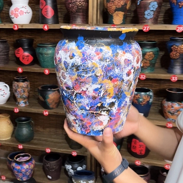红陶浮雕花盆炸炸炸
