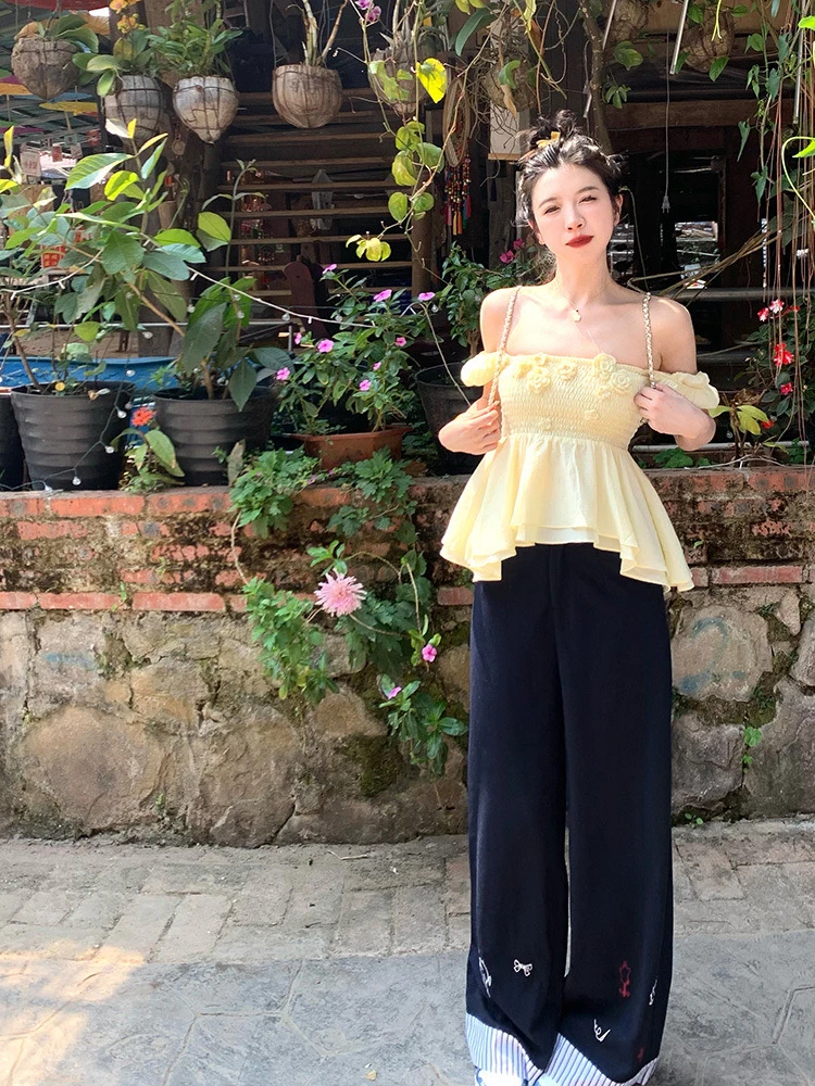 渔小平【一针一线】气质刺绣显瘦休闲风阔腿裤西装裤宽松百搭长裤女