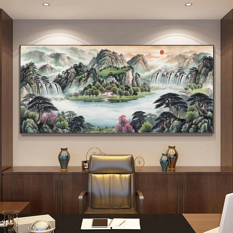 财源广进风景山水装饰画新中式风格客厅背景墙办公室旭日初升无版