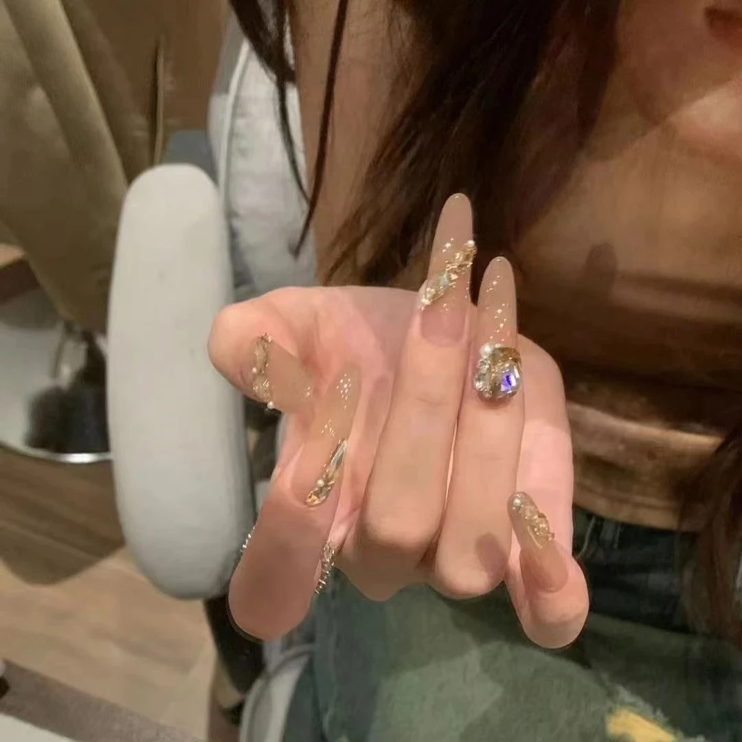 600长款水滴甲30片装穿戴式美甲成品可拆卸假指甲贴片时尚带钻