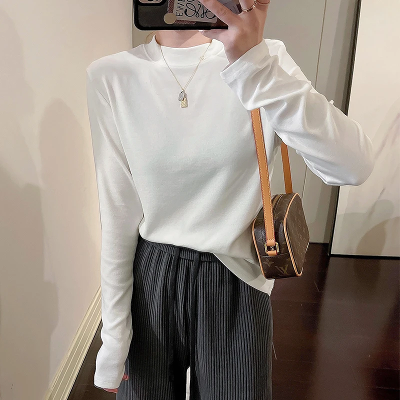 秋冬必备️小立领白色打底衫女内搭长袖T恤正肩百搭洋气修身上衣
