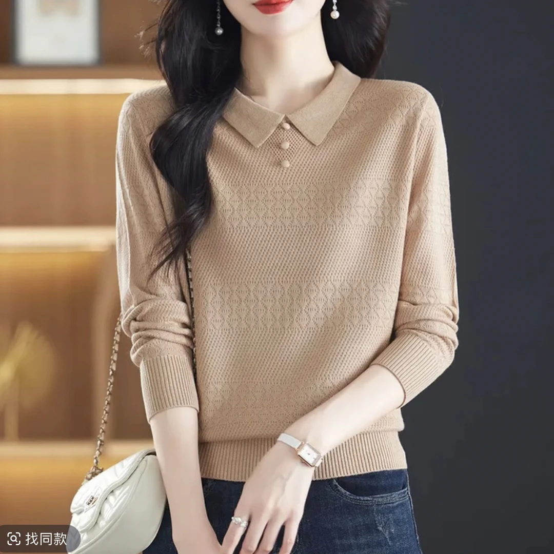薄款长袖翻领针织打底衫女2025秋季新款套上衣气质妈妈装宽松