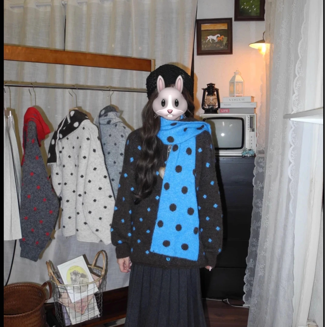 百搭学院风针织假两件开衫女温柔风波点格兰慵懒甜美围巾毛衣