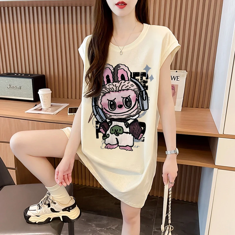 宽松中长款无袖背心女夏季2025爆款韩版时尚设计感卡通印花T恤ins