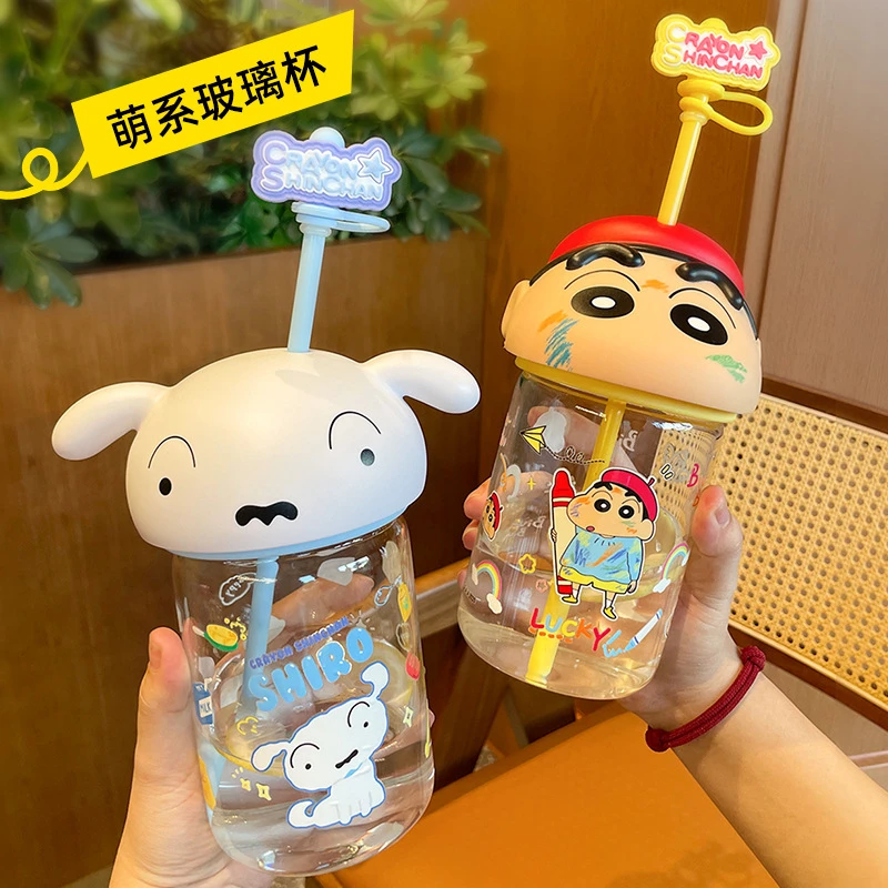 新款蜡笔小新玻璃杯女生高颜值水杯夏天卡通可爱吸管杯子礼物学生