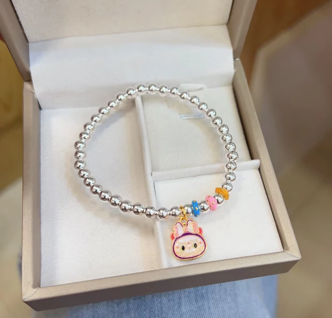 足银烤彩手链 足银999拉布布马卡龙色系光面5n转运珠弹力绳女手链