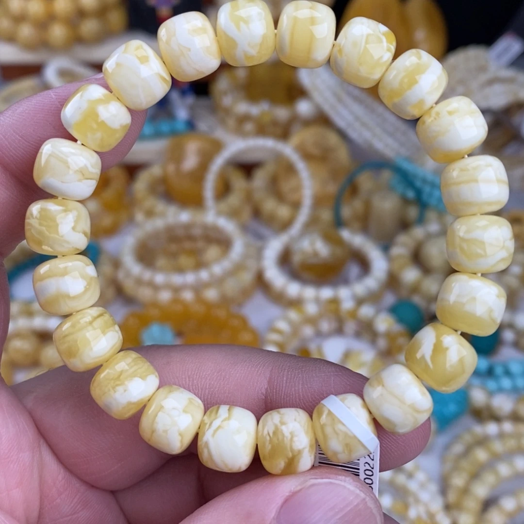 蜜蜡未镶嵌手链瓷白细纹虎皮纹10mm
