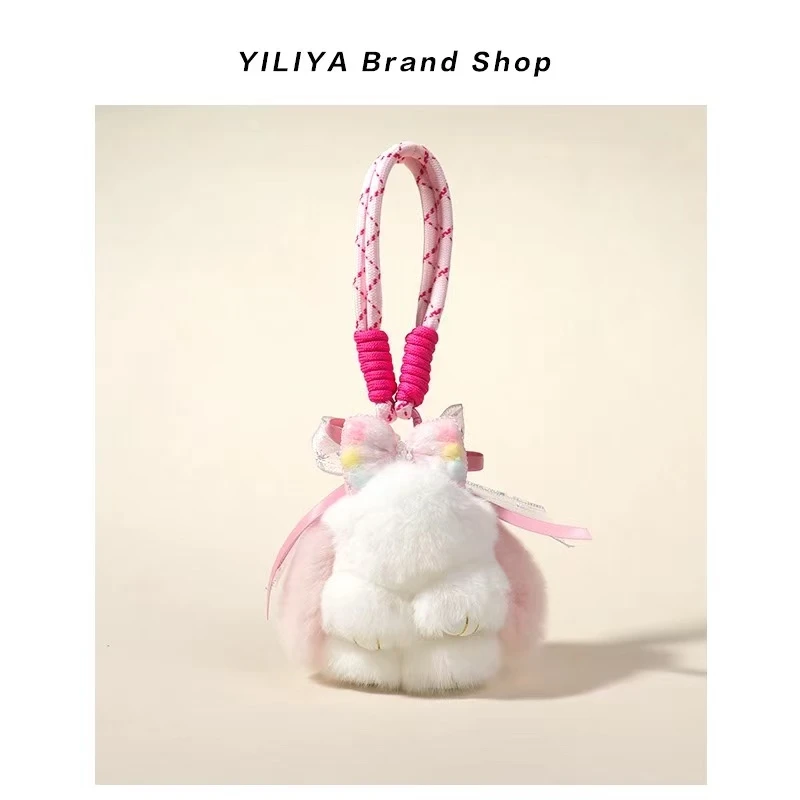 真獭兔毛蝴蝶结小兔子汽车钥匙扣挂件毛绒公仔玩偶书包包挂饰礼物