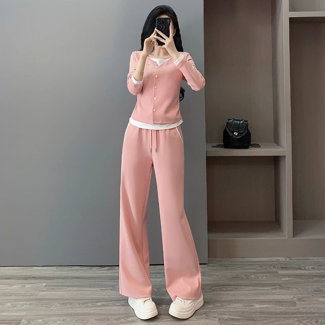 2025秋盐系风格休闲运动套装女洋气减龄粉色长袖上衣阔腿裤两件套