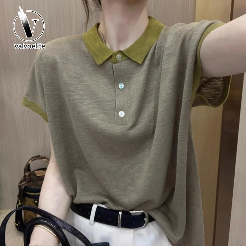VALVOELITE女多巴胺宽松休闲拼色设计感别致短袖套头恤打底衫上衣