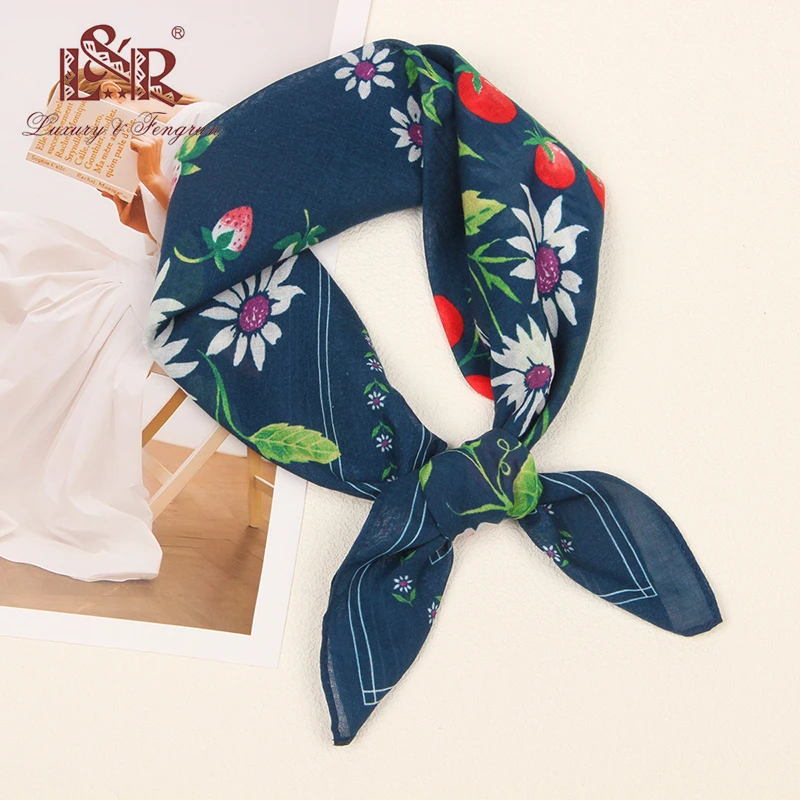 深蓝色植物花朵草莓辣椒圣女果纯棉54*54CM小方巾空姐银行丝巾女
