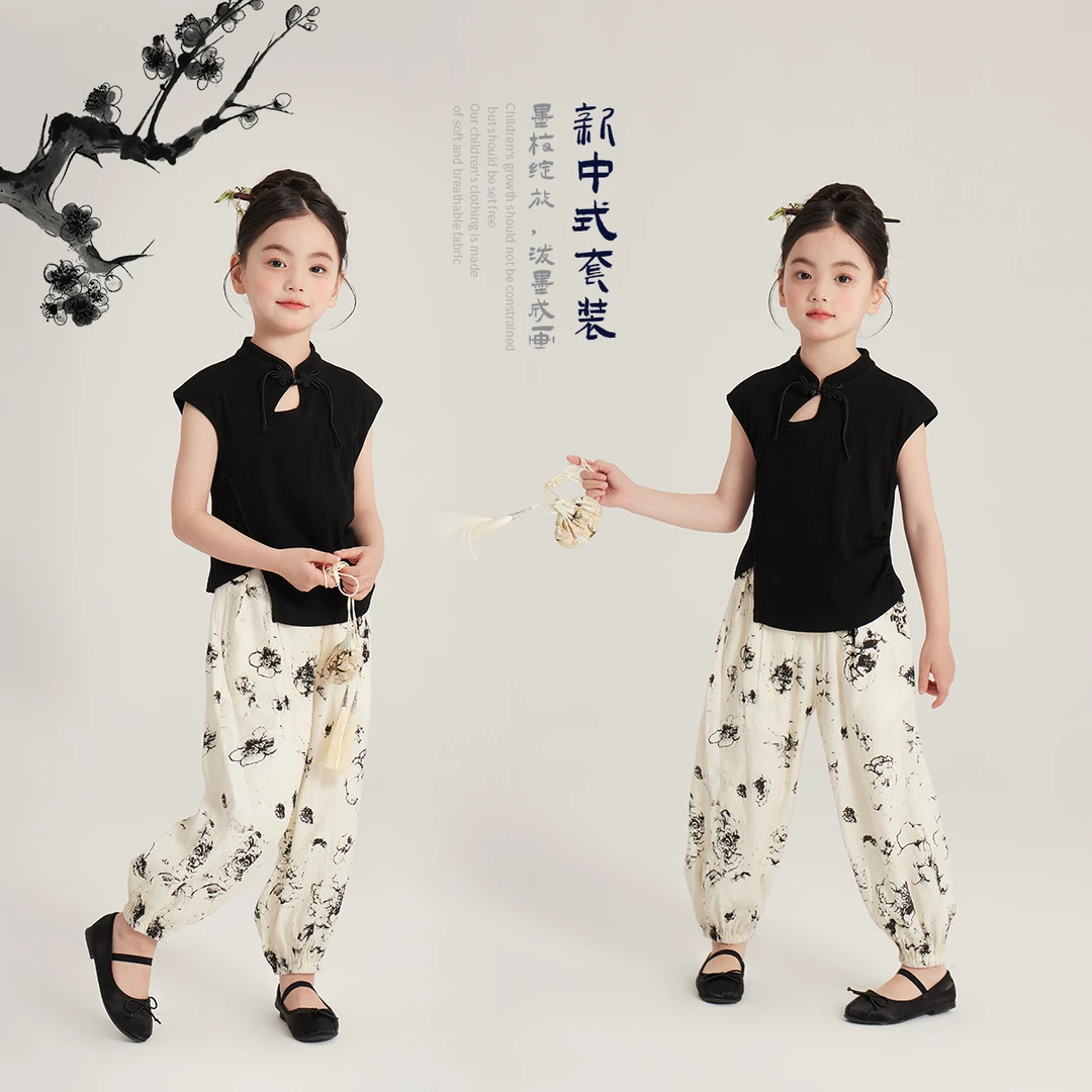 布丁哈鲁【墨枝】2024夏季女童国风汉服泼墨套装G42SZ039