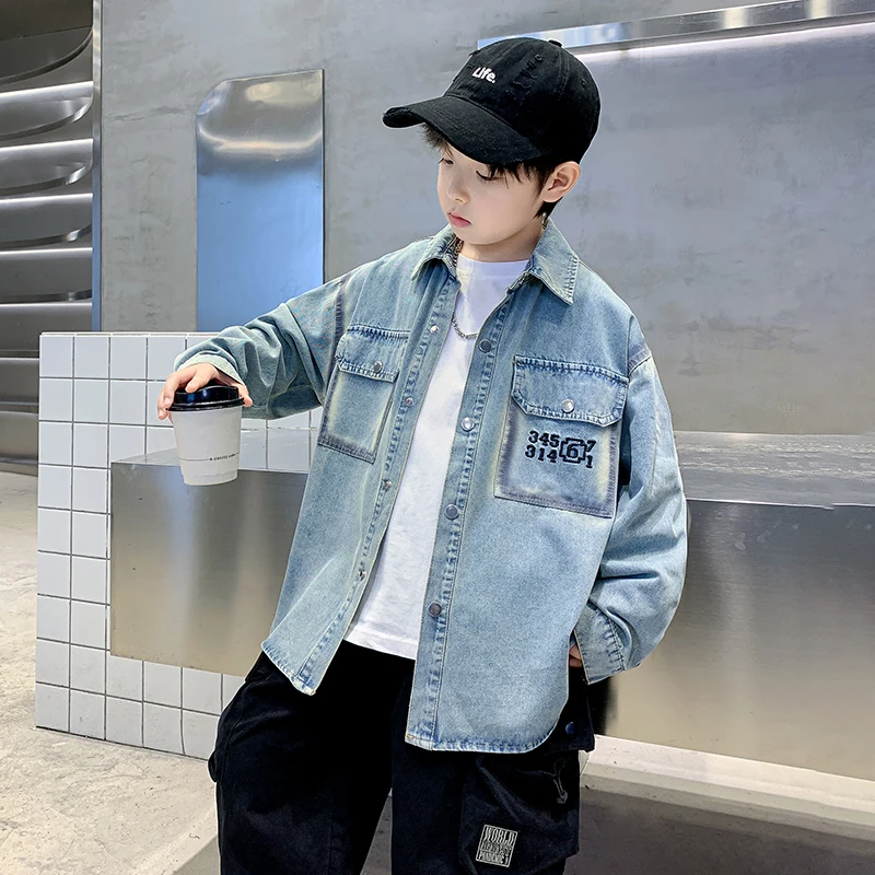 男童春秋季牛仔衬衫外套中大童帅气炸街网红衬衣儿童上衣男孩潮流