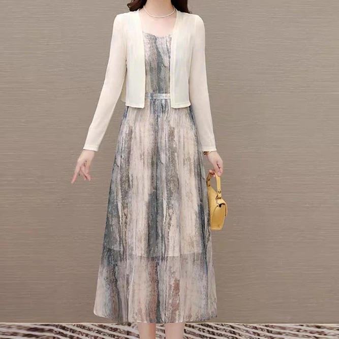 时尚印花修身针织外披开衫吊带连衣裙套装A14597