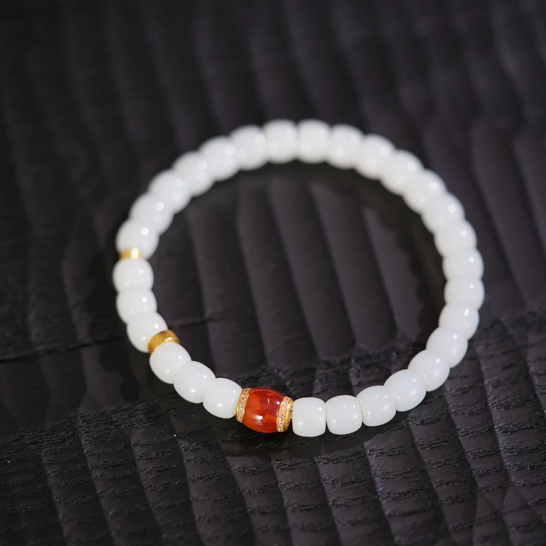 和田白玉南红直切手串 18K金 7mm± H19106