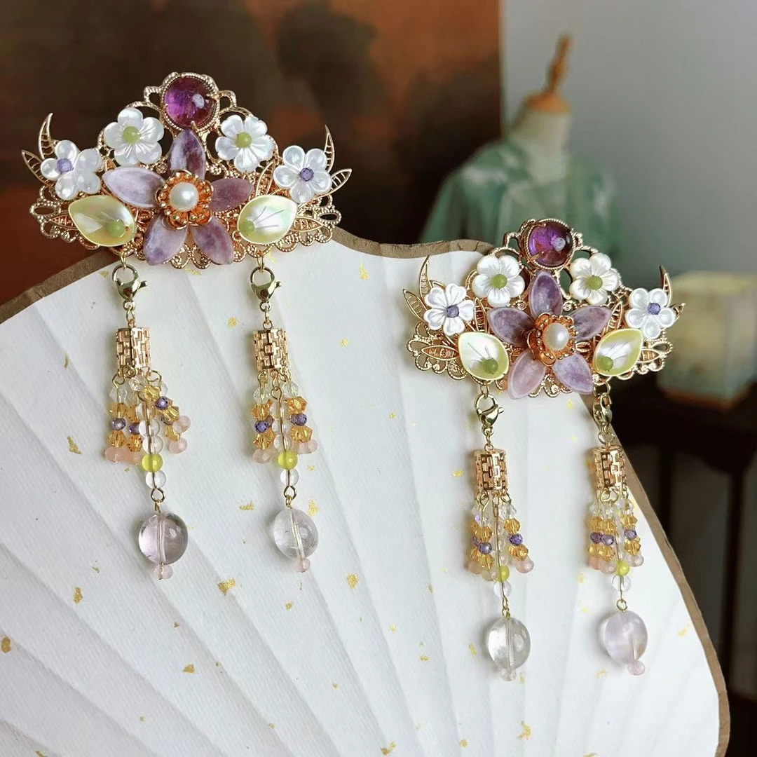 原创手工风晚林古风配饰紫色蝶贝流苏后压汉服发夹发钗