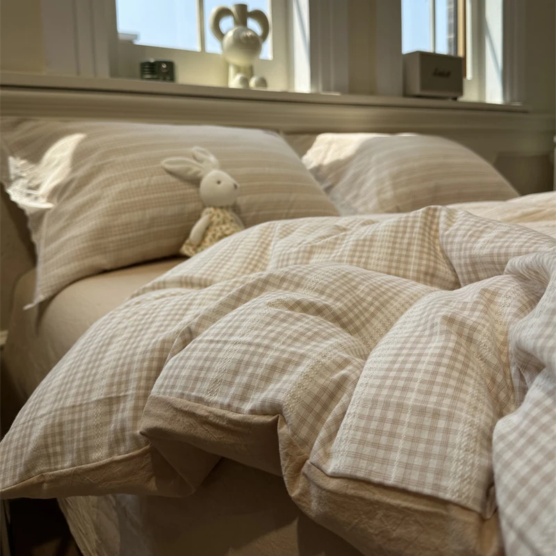 易安阁色织水洗棉杏色少女提花床上四件套1.5m1.8米被套三件套