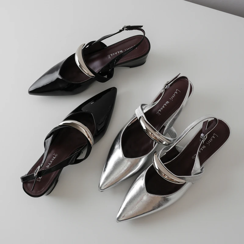 跟高5cm/34-39/包头韩版金属尖头时装凉鞋纯色胶粘浅口包头凉鞋