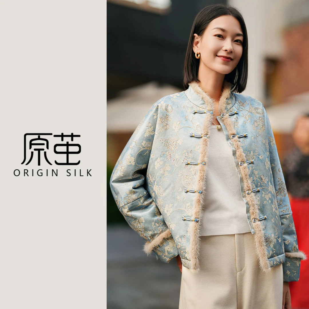 【原茧/兰若】桑蚕丝羊毛款新中式国风女拼水貂毛显瘦保暖棉服XZ659