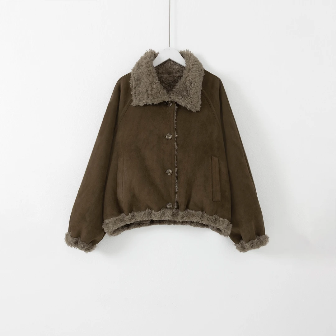 几里与麻 复古宽松加厚皮毛一体翻领外套 2092253