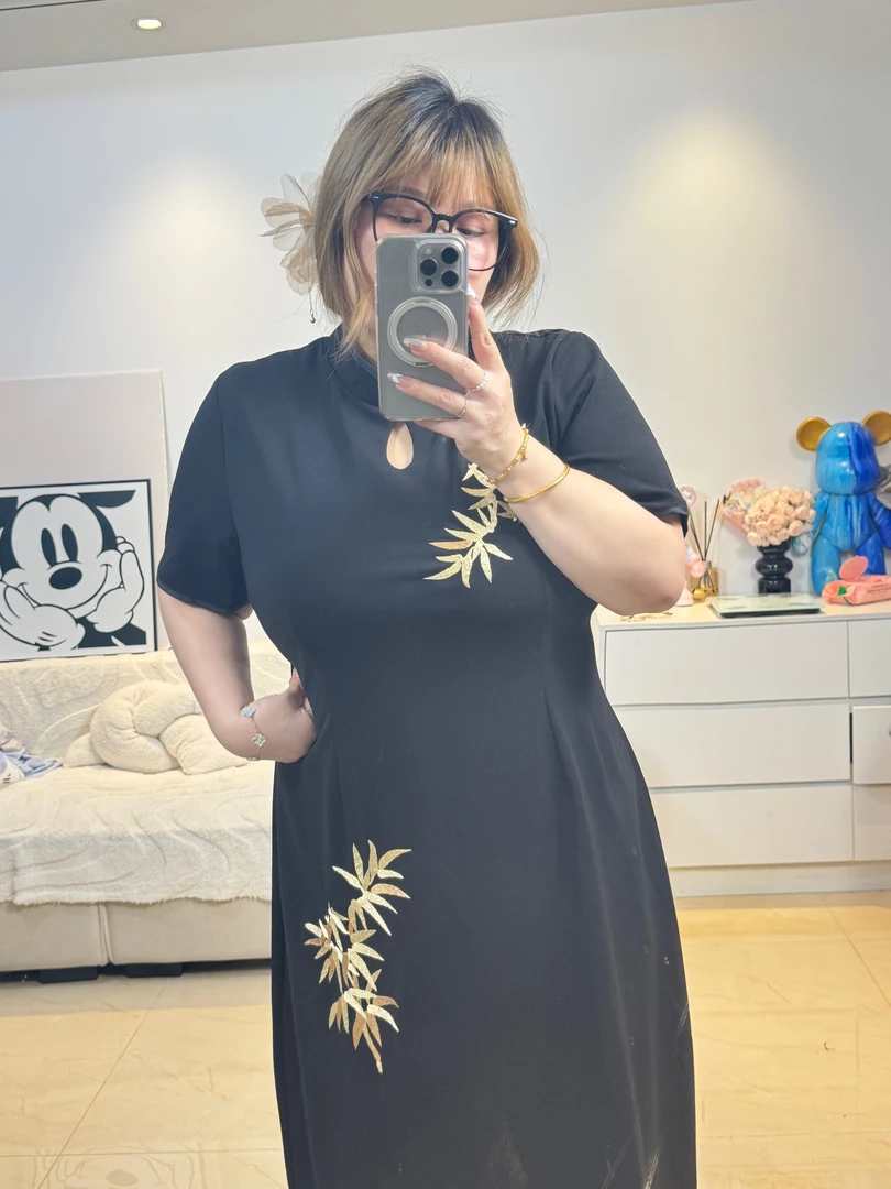 叮叮家【竹韵红裳】新中式国风弹力刺绣改良旗袍短袖连衣裙