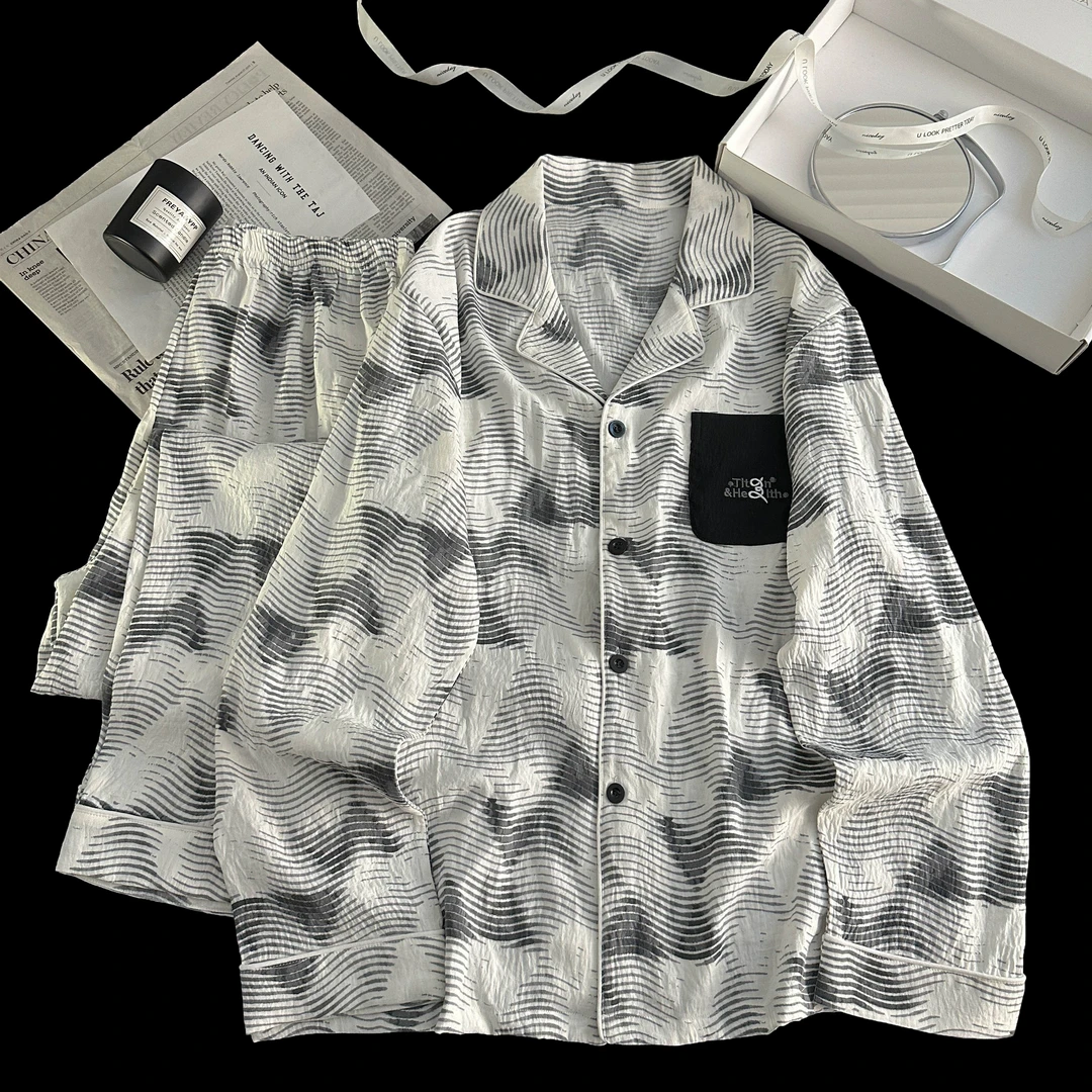 2025新款春秋款睡衣男士印花长袖长裤家居服宽松可外穿休闲套装