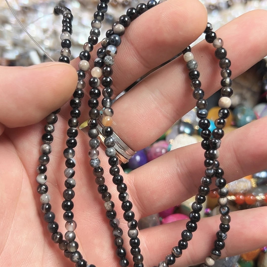 玛瑙/玉髓合金珠宝半成品A630，黑玛瑙圆珠2条4mm