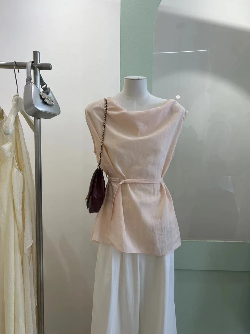 糖小姐韩系风夏季圆领荡领无袖腰带衬衫显瘦上衣百搭套装