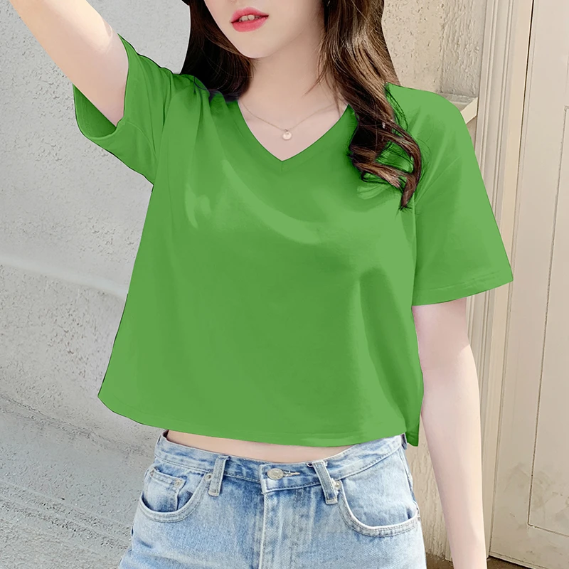 V领宽松t恤女短款上衣2025年夏季新款小个子高腰露脐正肩半袖体恤