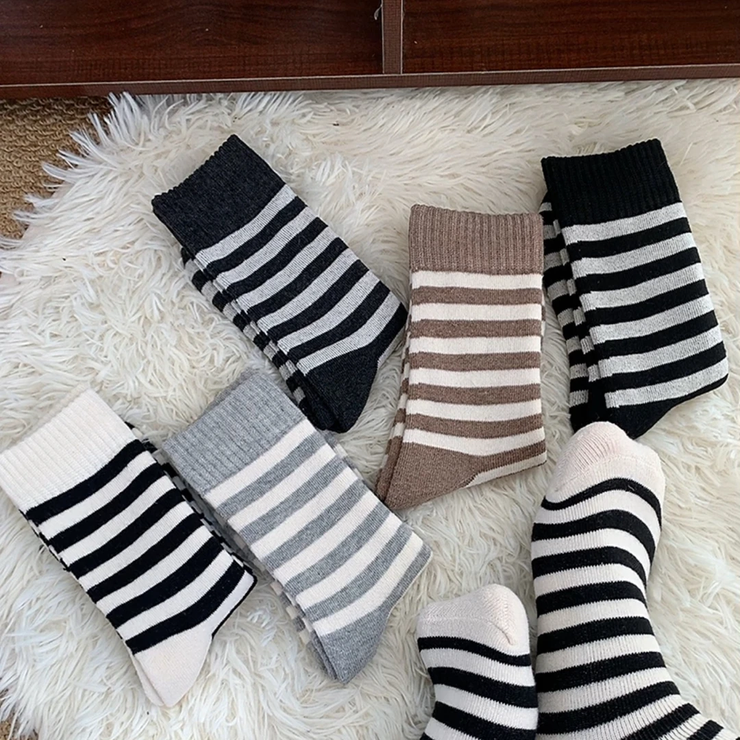 加绒加厚毛圈袜中筒女袜条纹加长男袜时尚简约保暖冬天厚袜子