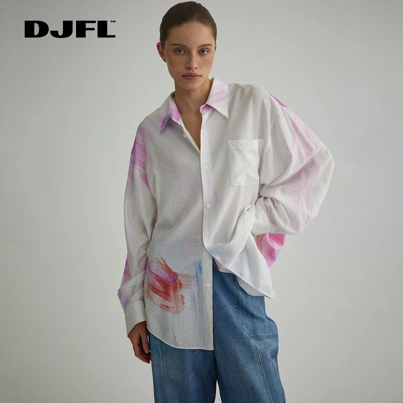 DJFL 花色艺术感油画印花长袖衬衫女百搭气质上衣女款 DWWS3C034