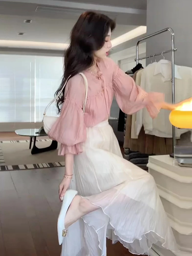 春秋季法式桔梗茶系穿搭一整套漂亮甜美衬衫超仙网纱半身裙两件套