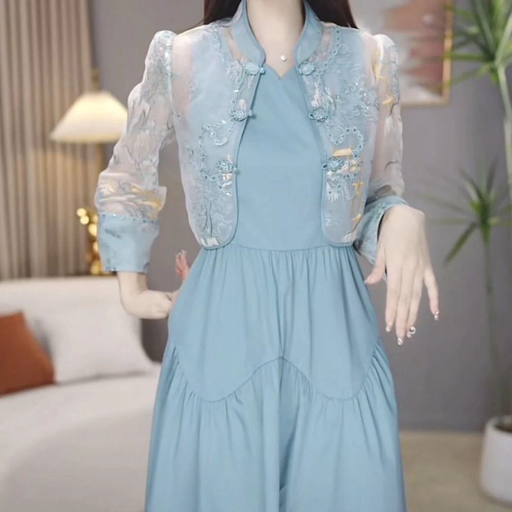 高档精梳棉两件套装连衣裙2025新款女春季显瘦轻奢新中式刺绣外套